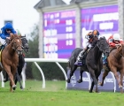 Modern Games (blue) thunders home under William Buick, Breeders Cup Mile 05 11 2022 USA