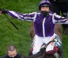 A delighted Frankie Dettori returns to the winner’s enclosure at Epsom Oaks on board at Snowfall, UK 04 06 2021